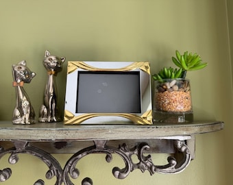 Vintage Art Deco style Picture Frame in Silver with Gold Accent Tabletop Brown Velvet Backing 3” x 4.5” image size