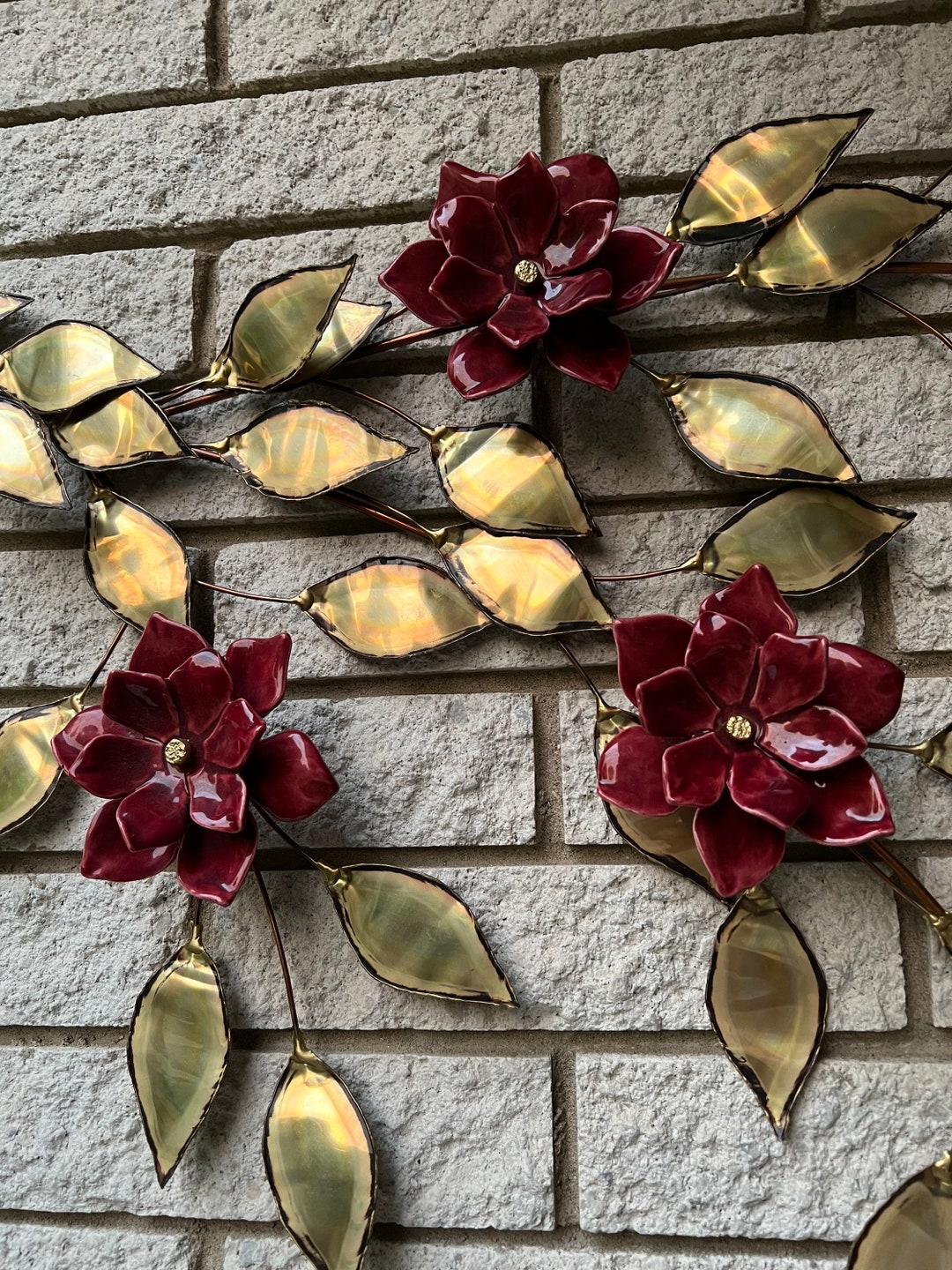Large Metal With Red Ceramic Flowers Wall Hanging Decor Signed/metal