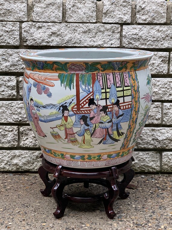 Vintage Chinese Large Fish Bowl Planter Ceramic Family Etsy