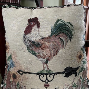 Vintage Sally Eckman Roberts French Rooster Tapestry Pillow/ Decorative Tapestry Throw Pillow with Rooster Print