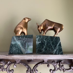 Vintage Pair of Bull and Bear Brass with Marble Bookends// &quot;Bull and Bear&quot; of Wall Street Bookends//MCM Library Bookends