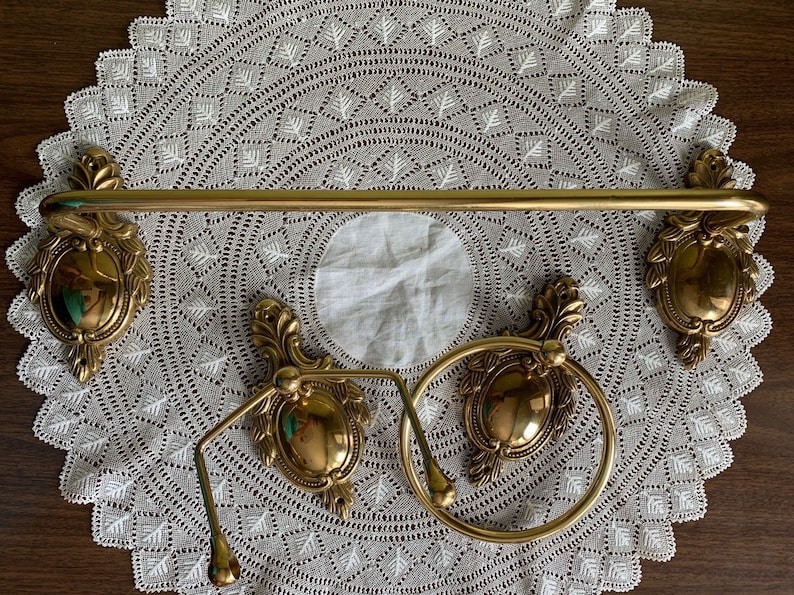 Towel Ring and Toilet paper Holder Made in Taiwan Gold Ornate Bathroom Set Vintage Bathroom Ornate Brass Hardware Set of 3 Towel Rack