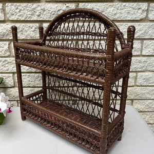 Vintage Painted Wooden with Rattan 2 Tiers Self /Standing Rattan Shelf