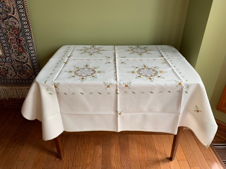 Vintage Linen Hand Embroidered Square Tablecloth Retro Linen Embroidered with cutouts Tablecloth
