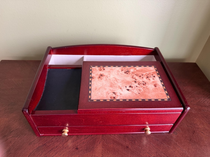 Vintage MELE Mahogany Jewelry Chest Inlay Wood Open Top Ring Holder Bottom Drawer/Wooden Jewelry Box for Men/Unisex Jewelry Box image 1
