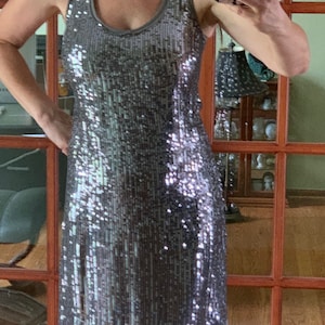 Vintage Sequined silver dress Calvin Klein Exclusive silver metallic sequin dress sz S 100% silk lining/ CK Sequins Slip Dress