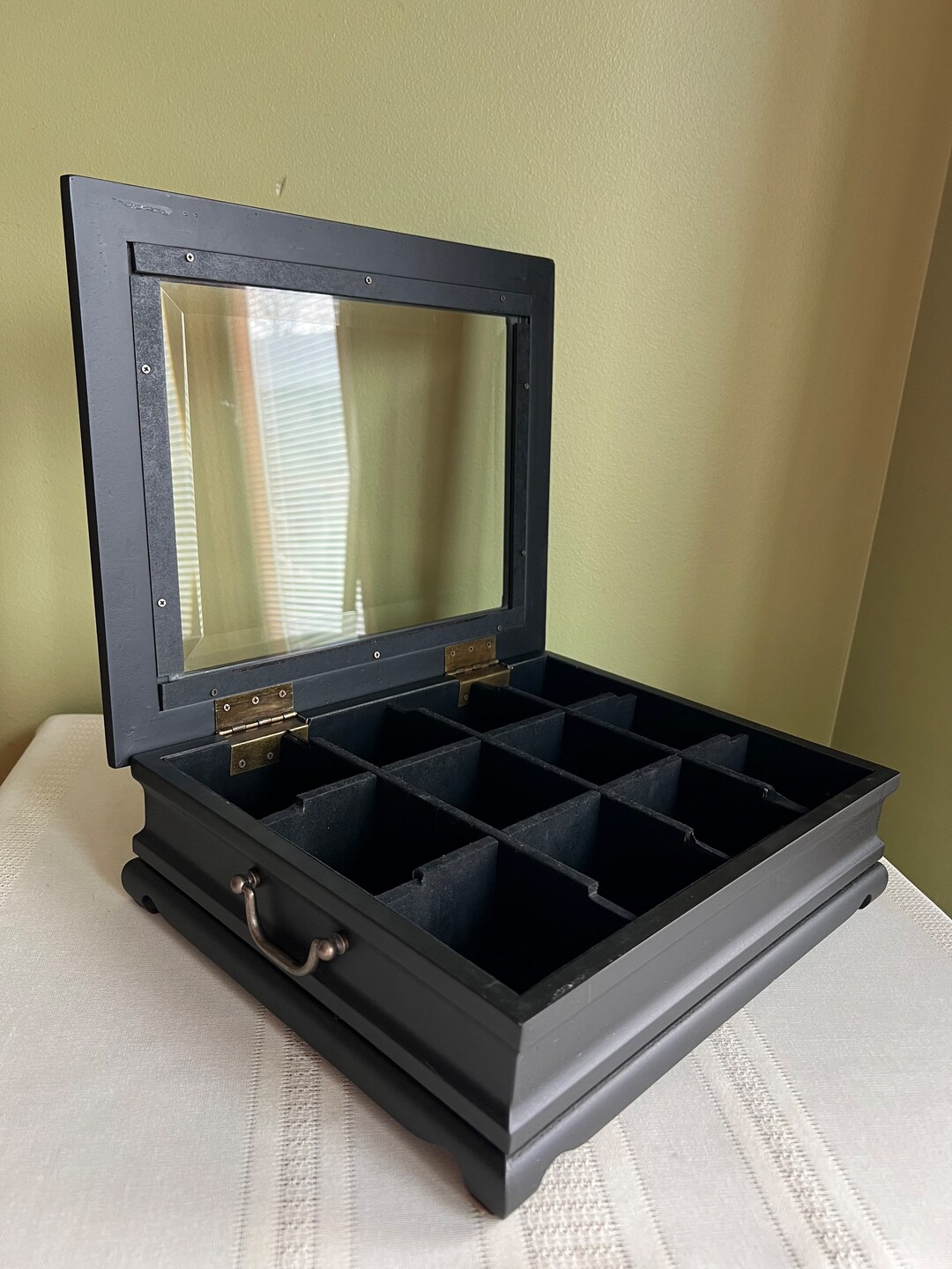 Vintage Black Jewelry Box With Flip Open Beveled Glass Lid / Etsy
