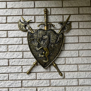 Vintage Large Medieval Shield with Lion Axe Sword Heraldic Wall Art/Large Lion Heart Shield Coat of Arms Medieval Wall Hanging Decor/