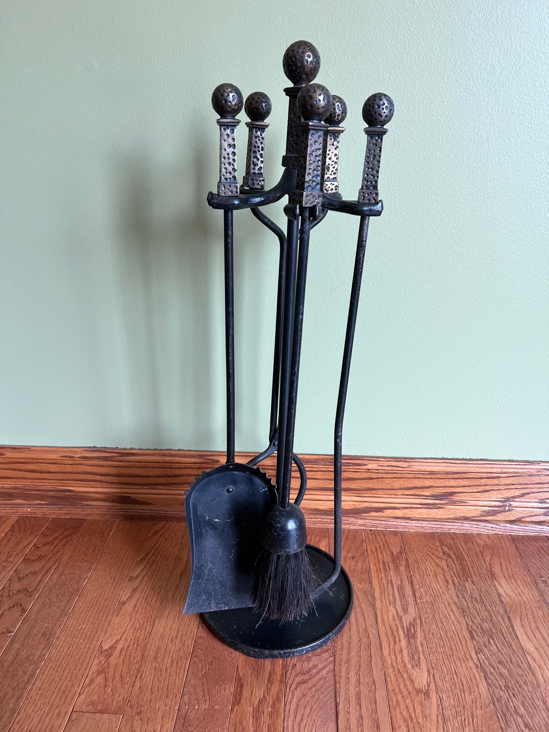 Vintage Fireplace Tools Set / Wrought Iron 4 Pieces and Stand Fireplace