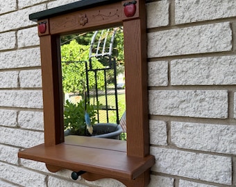 Vintage Faux Wood Frame Mirror with Shelf and Peg/Medium size Entryway Mirror// Retro style Mirror