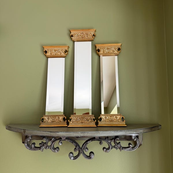 Vintage set of 3 Gold Column Beveled Mirrors/Gold Ornate Frame Narrow Mirror/Hollywood Regency style Gold Frame Mirror/Neoclassical Mirror