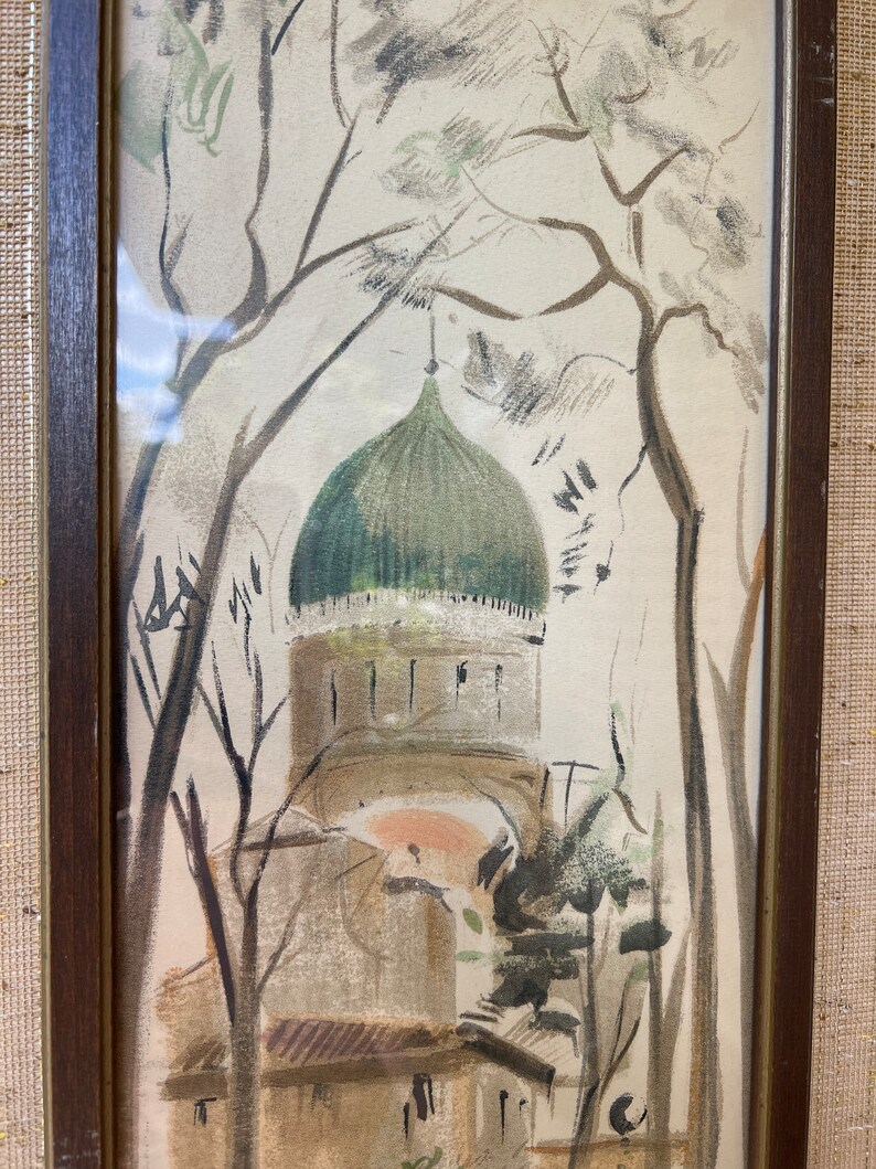 Mid Century Original Watercolor Painting Art/ Church Landscape Mid Century Watercolor Painting Art Signed image 5