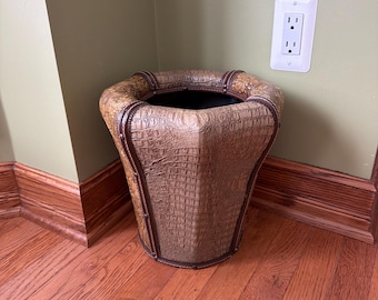 Vintage Chinoisery style Faux-Embossed Leather and Black Wood Wastebasket/Asian style Leather and Wood Trash Can/Oriental Flower Pot Holder