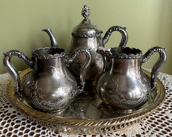 Antique James W. Tufts Quadruple Etched Ornate Silver Plated #4503 3 pieces Tea or Coffee Set Pot Creamer Spooner