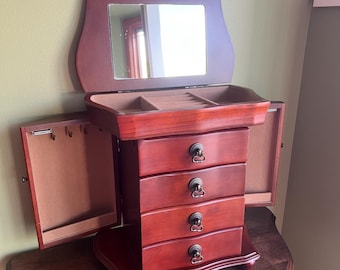 Vintage Large Wooden Jewelry Armoire Mirror Top 4 Drawers 8 hooks for Necklaces Brown Lining/Jewelry Storage/Unisex Jewelry Box