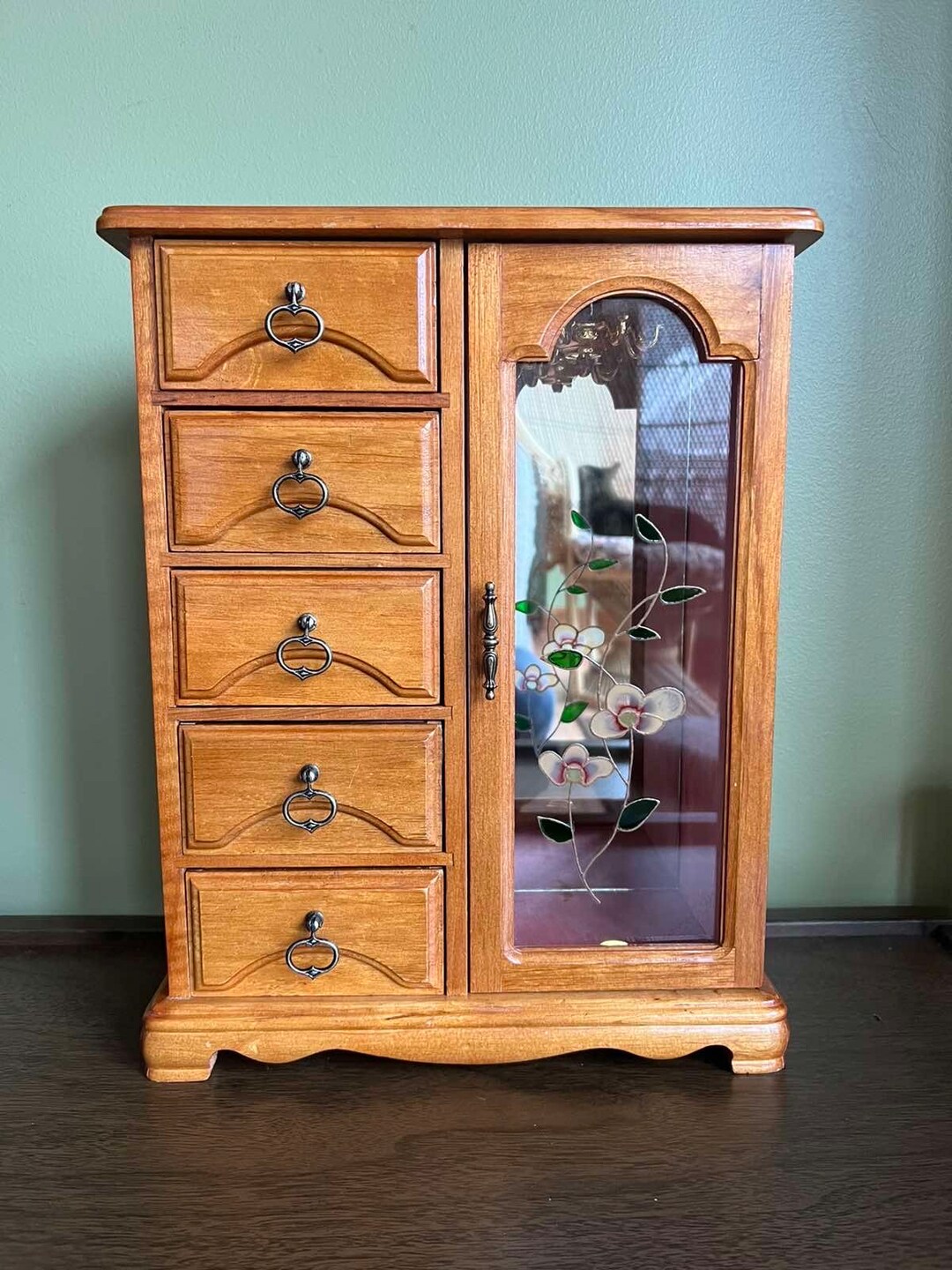 Vintage Wooden Jewelry Box With Necklace Carousel 5 Drawers/wooden