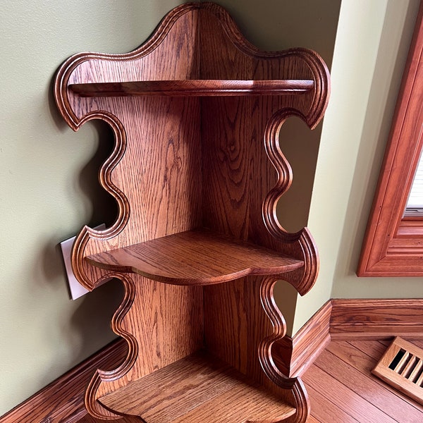 Vintage Solid Oak Corner Shelf/ 3-tiered Corner Shelf/ Solid Oak Wood Carved Shelf Unit
