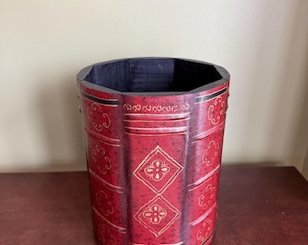 Vintage Florentine Leather over Wood Book Library Wastebasket/Faux Book Spine Trash Can/Office Garbage Pail/Powder Room Wastebasket 10”Tall