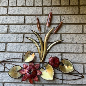 Vintage Brutalist style Metal Wall Hanging Signed CJ/Mid Century Brutalist style Metal Cattail and Lotus Wall Hanging
