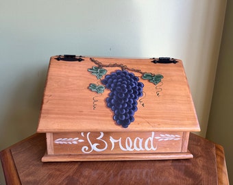 Vintage Solid Wood Bread Box with Grape Vines Painted Decor Forged Iron Hinges/Countertop Amish style Wood Bread Box