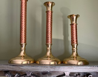 Vintage Set of 3 Brass and Copper Candle Holders with Swirl Decor Made in India