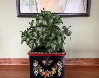 VTG The Essex Collection Xl Black Varnished Wood Plant Cover with Butterfly & Floral Design/Tropical style Large Square Black Planter Box