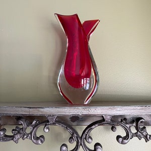 Vintage Murano Italy Glass Vase/Murano Oball Sommerso Fishtail Vase/Murano designer Luigi Onesto red art glass vase
