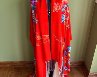 Vintage Authentic Japanese Kimono/Hand Sewn Japanese Kimono with Gold Sequins/Vintage Orange Silk Japanese Wedding Kimono