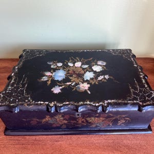 Antique Victorian Papier Mache Desk Slope/Hand Painted Floral Mother of Perl Inlay Writing Box/Antique  Mother of Pearl Inlaid Writing Desk