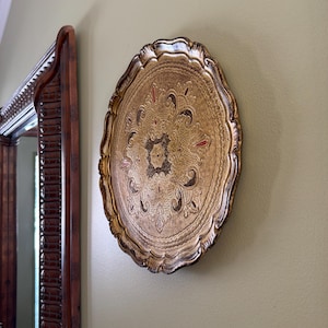 Vintage Italian Florentine Gold Gilted Round Tray 15” diameter/Large Made in Italy Florence Hand Made Gold Tray/Gold Perfume Tray image 7