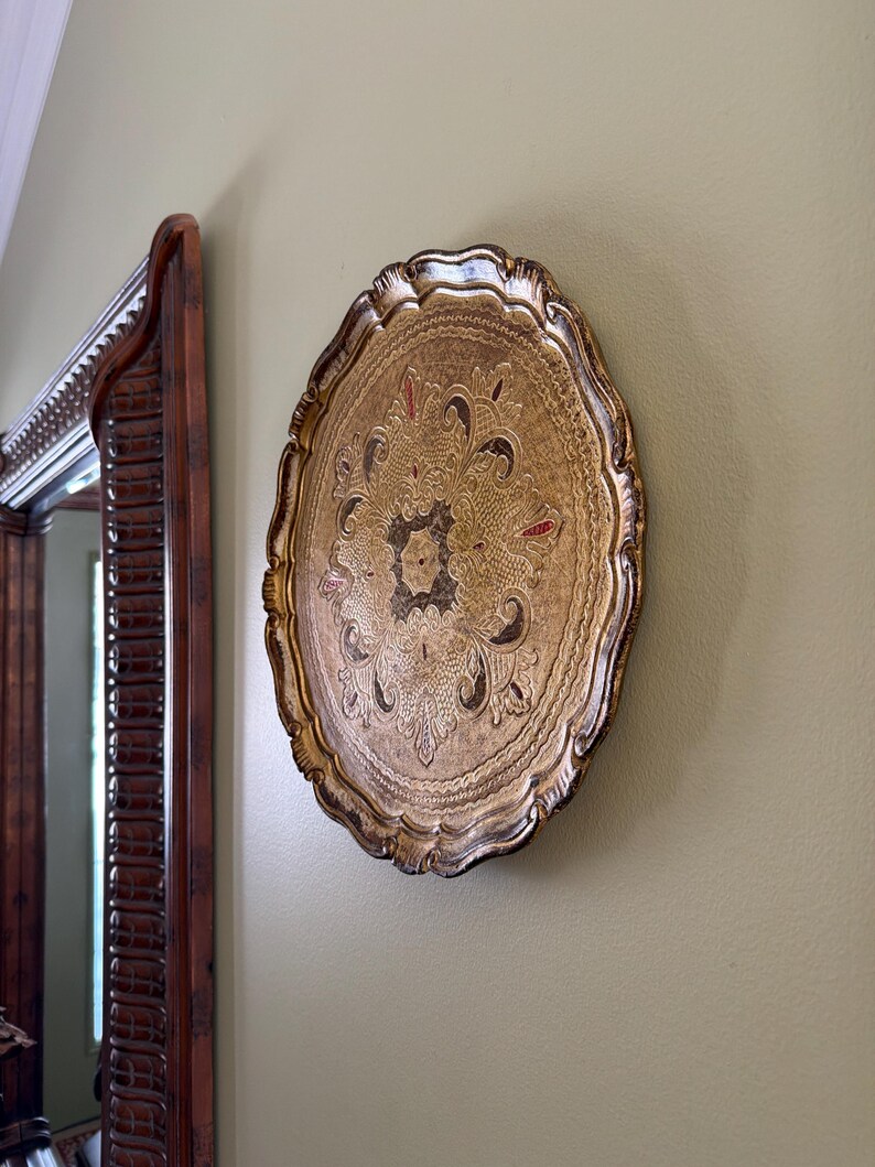 Vintage Italian Florentine Gold Gilted Round Tray 15” diameter/Large Made in Italy Florence Hand Made Gold Tray/Gold Perfume Tray image 7
