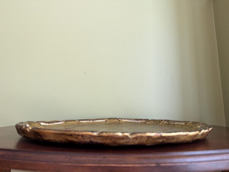 Vintage Italian Florentine Gold Gilted Round Tray 15” diameter/Large Made in Italy Florence Hand Made Gold Tray/Gold Perfume Tray image 10