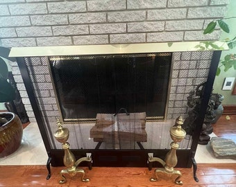 Set of Fireplace Screen Black Metal Mesh with Gold Brass Frame and Decorations & Andirons/ Antique style Mantel Screen and Andirons Set