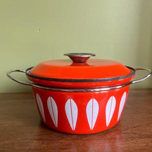 MCM Made in Norway Cathrineholm Lotus Orange Cooking Pot/Vintage CATHRINEHOLM Dutch Oven Enamelware Kitchen Cookware Stainless Steel Handles
