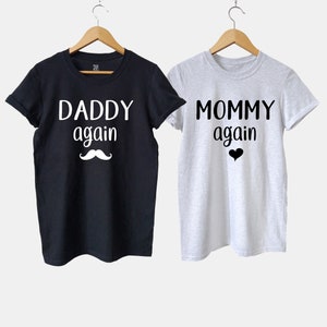 Koszulka „Daddy Again”, koszulka „Mamusia Again”, ogłoszenie o ciąży dla męża, sesja zdjęciowa ciążowa, prezent dla mamy i taty po raz drugi dla nowych rodziców