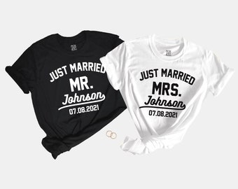 T-shirt Just Married, chemises lune de miel pour couple, Mr Mrs Bride and Groom Hochzeit Geschenk, T-shirt personnalisé cadeau de mariage pour elle lui