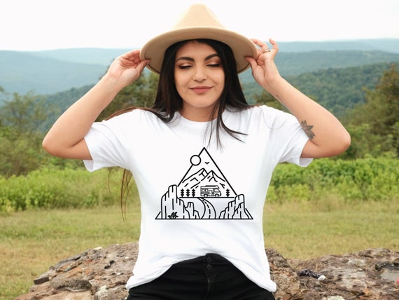 Graphic Tees, Nature Camp Shirt, Mountain Geometric Line Art