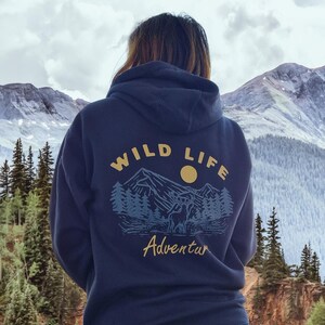 Unisex Hoodie Wild Life Adventure, Hiking Hoodie, Wildlife Sweatshirt, Mountain Camping Sweater, Outdoors Hoodie for Men and Women Navy Blazer