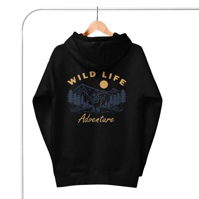 May include: Black hooded sweatshirt with a graphic print of a deer in a forest scene. The text "WILD LIFE Adventure" is printed on the back of the sweatshirt.