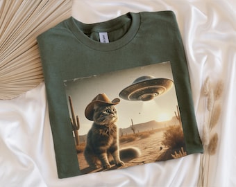UFO Cowboy Cat Graphic T-Shirt: Western Space Tee