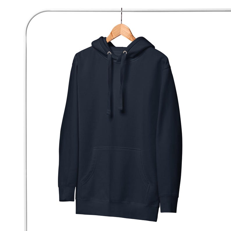 May include: A dark navy blue hooded sweatshirt with a kangaroo pocket and a drawstring hood.