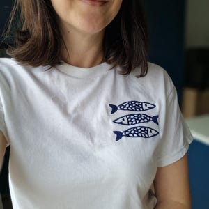 Embroidered Sardine T-Shirt, Minimalist Fish Shirt, Artistic Embroidery Tee, Fisherman Aesthetic Clothing, Summer Beach Shirt, Seafood Tee