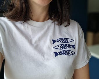Embroidered Sardine T-Shirt: Minimalist Fish Tee