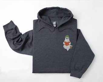 Embroidered Ghost Reading Book Hoodie: Spooky Bookworm Sweatshirt
