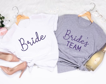 T-shirt de la mariée de l'équipe, chemise EVJF, T-shirt JGA Jungesellinnenabschy, t-shirts de groupe de poules Bachelorette de mariage violet, cadeau de demoiselle d'honneur