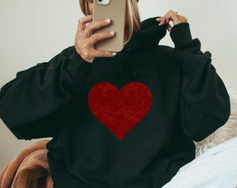 Red Floral Heart Sweatshirt and Hoodie: Vintage Valentine's Day Crewneck Sweater Shirt, Valentine Pullover, Galentine Outfit