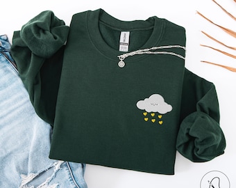 Embroidered Cloud Crewneck Sweatshirt, Positive Sweater with Embroidery, Unique Women's Clothing, Winter Jumper