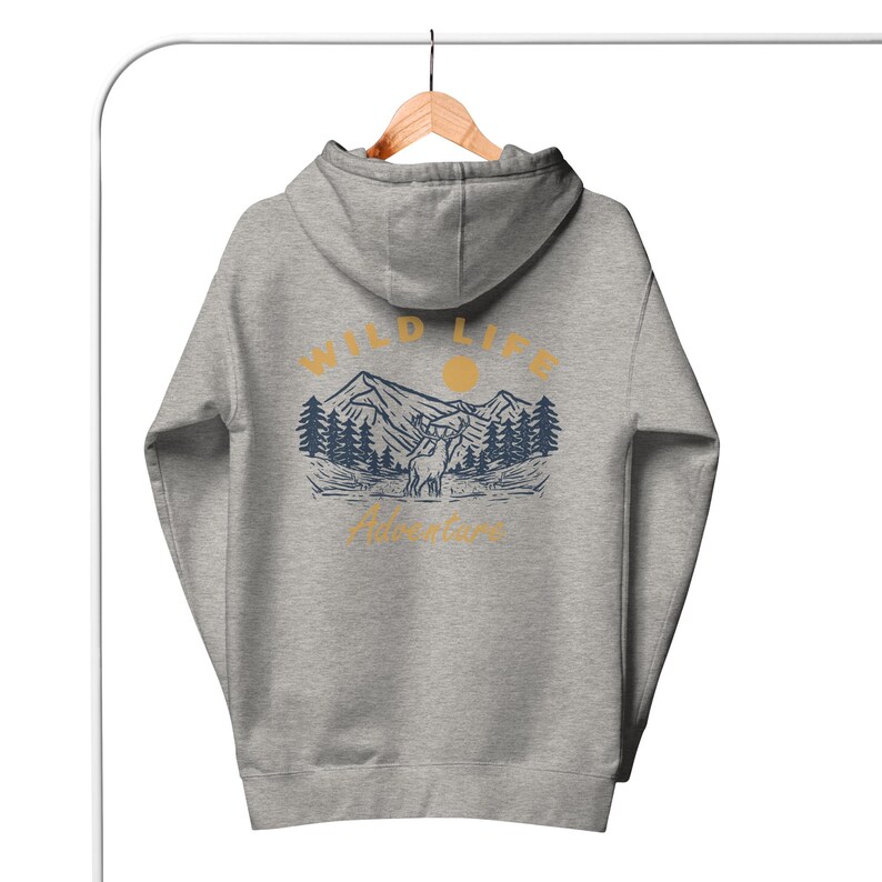 May include: A gray hooded sweatshirt with a graphic print on the back. The graphic features a mountain range, a sun, a deer, and the text "WILD LIFE Adventures".