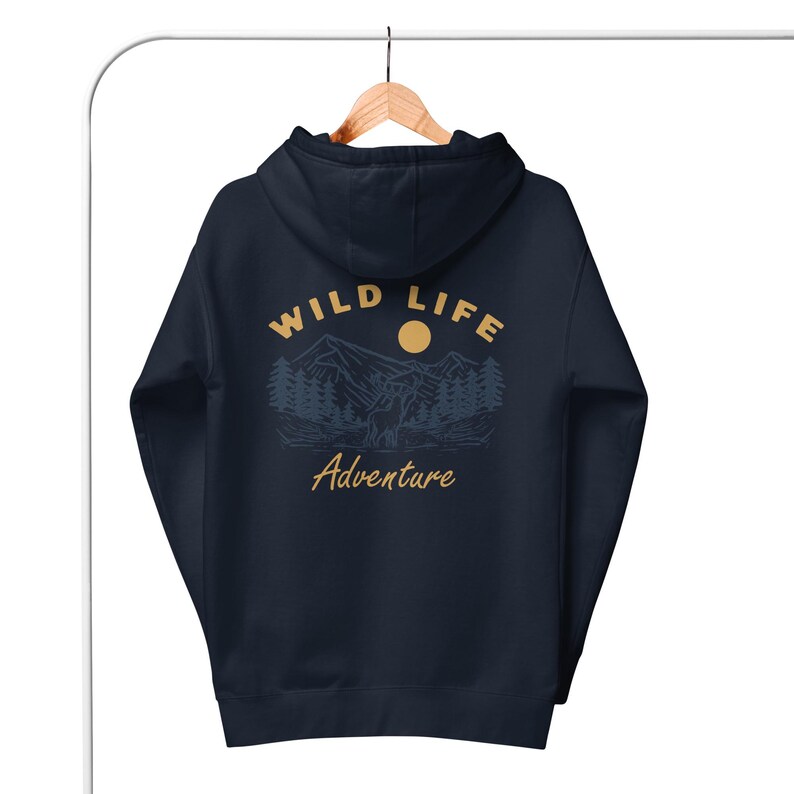 May include: Navy blue hoodie with a yellow and white graphic on the back that says "WILD LIFE Adventure" with a mountain and a sun graphic.
