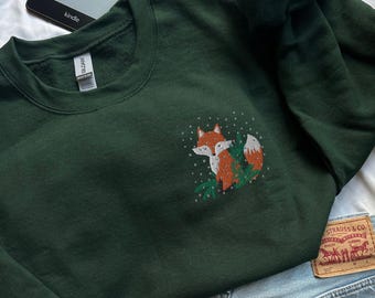 Unique Embroidered Christmas Fox Sweatshirt, Christmas Sweater, Women's Winter Holiday Jumper